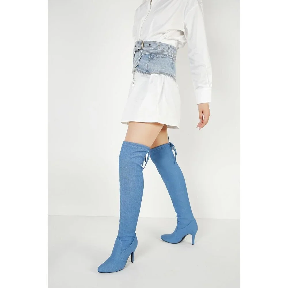 Women Blue Polyurethane Pointed Toe Over The Knee Thigh High Stiletto Heel Boot